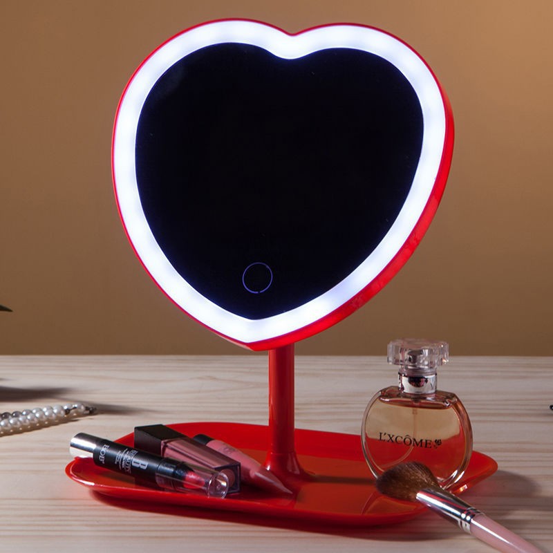 Cross-Border Desktop Internet Hot Mirror Beauty Dressing Mirror USB Rechargeable Mirror Love Heart-Shaped Makeup Mirror Led with Light Fill Light Mirror