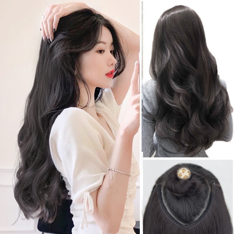 wig women's long hair one-piece seamless u-shaped long curly hair big wave invisible patch hair extension wig set